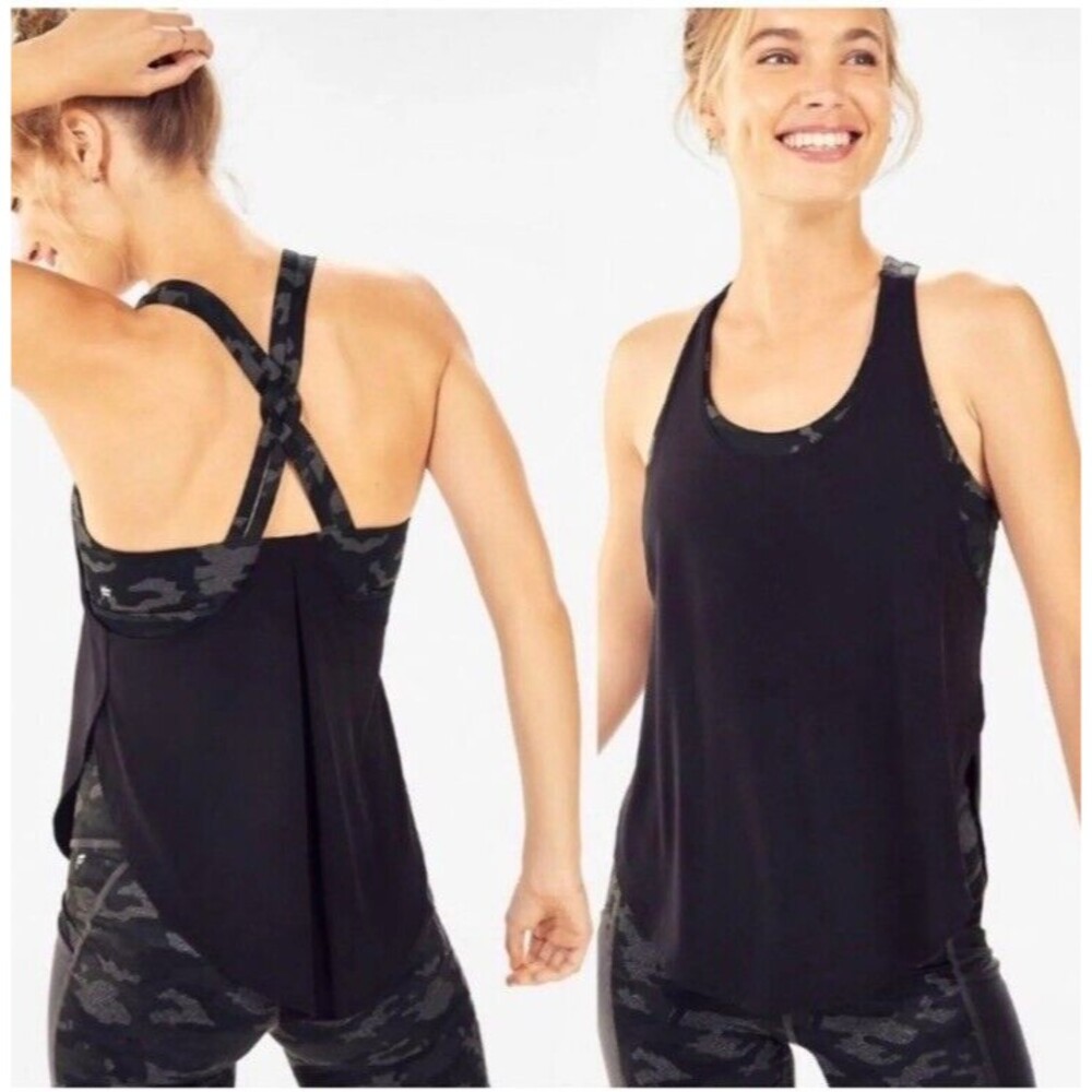 Fabletics Giselle Tank Top Powertouch Swing Black Built-In Camo Bra Size XS